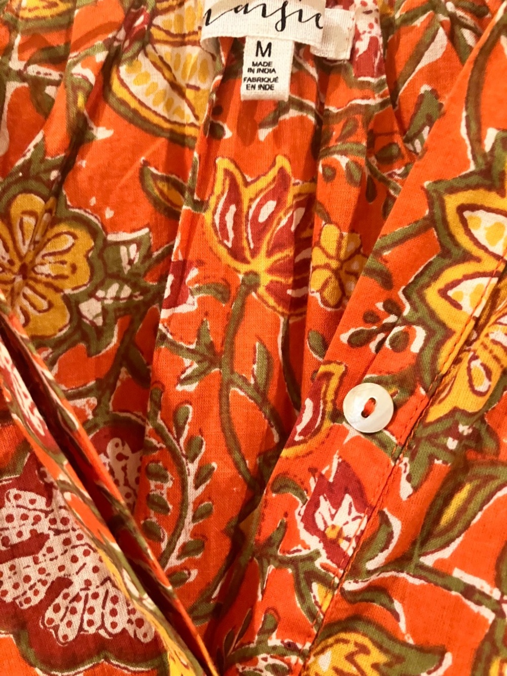 Bright Cotton Floral Maisie Tropical Orange Button-Up Shirtdress with Pockets M